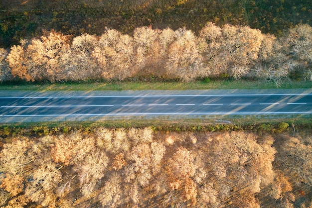 Luftaufnahme der leeren Intercity-Straße zwischen Herbstwäldern bei Sonnenuntergang. Draufsicht von der Drohne der Autobahn am Abend