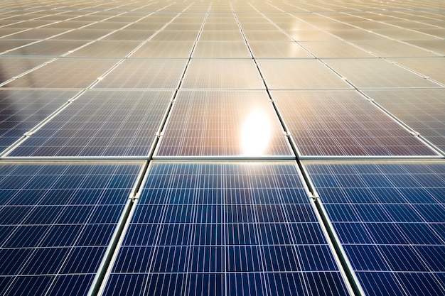 Luftaufnahme der Oberfläche von blauen Photovoltaik-Solarmodulen, die auf dem Gebäudedach montiert sind, um sauberen ökologischen Strom zu erzeugen. Konzept zur Erzeugung erneuerbarer Energien.