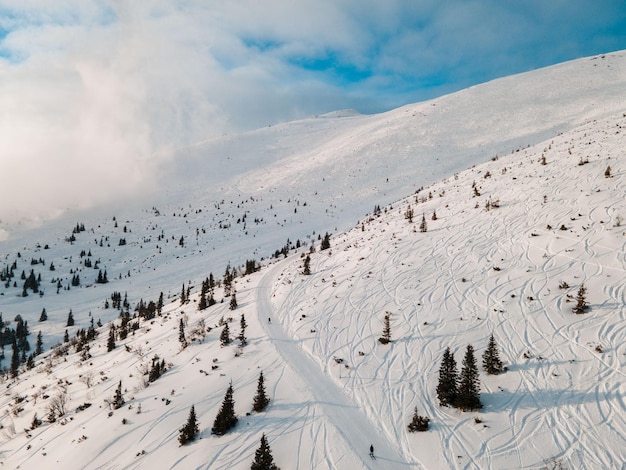 Luftaufnahme der Piste und der Freeride-Zone des Skigebiets Jasna