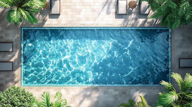 Luftaufnahme der Ruhe von oben auf den Swimmingpool mit weitläufigem, 3D-gerendertem, leerem Raum