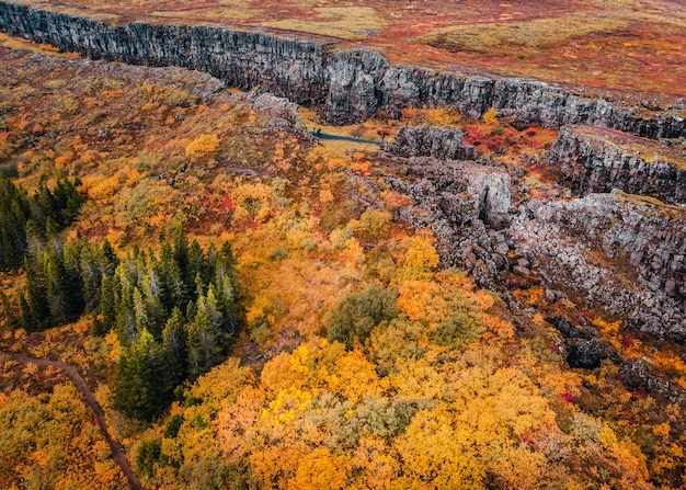 Luftaufnahme der Schlucht im Nationalpark Thingvellir, Island, Herbstlandschaft