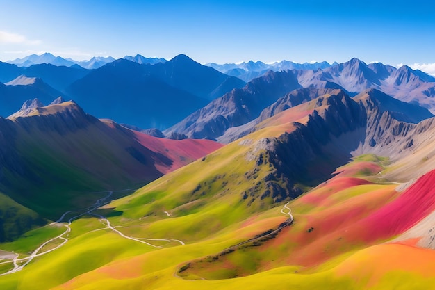 Luftaufnahme der schönen und bunten Landschaft auf dem Hintergrund der erstaunlichen Berge