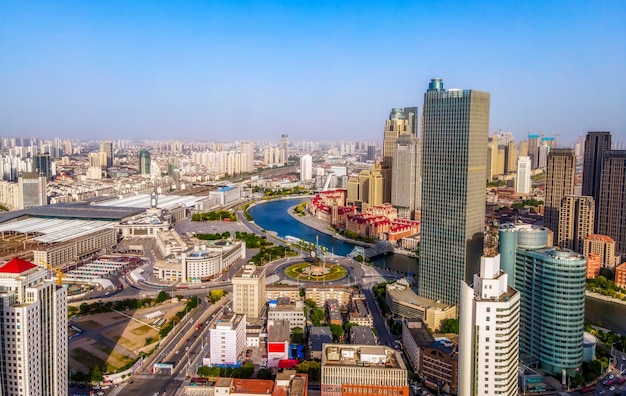 Luftaufnahme der skyline der architektonischen landschaft des finanzzentrums tianjin