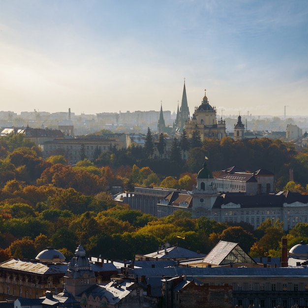 Luftaufnahme der Skyline der Kirchen der Stadt Lviv in der Ukraine. Bunte Luftaufnahme der Skyline der Stadt Lemberg.