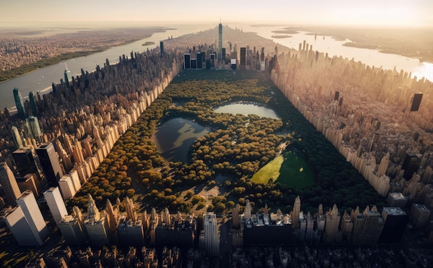 Luftaufnahme der Skyline von New York City mit Central Park und Manhattan USA Generative AI