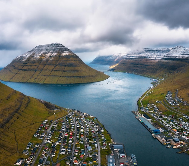 Luftaufnahme der Stadt Klaksvik auf den Färöern Dänemark