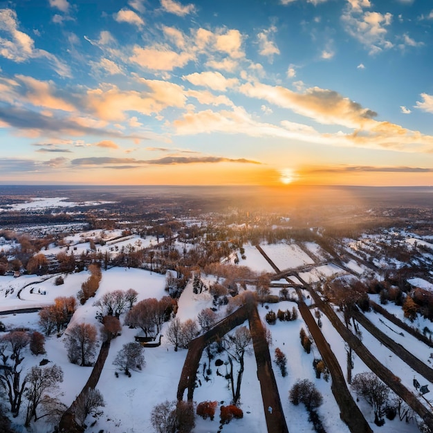 Luftaufnahme der verschneiten Winterlandschaft bei Sonnenuntergang Horizontales Panorama