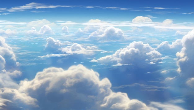 Luftaufnahme der Wolkenlandschaft oder flauschige Kumuluswolken und blauer Himmel im Anime-Stil