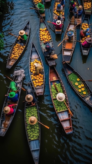 Luftaufnahme des berühmten schwimmenden Marktes in Thailand Damnoen Saduak schwimmender Markt