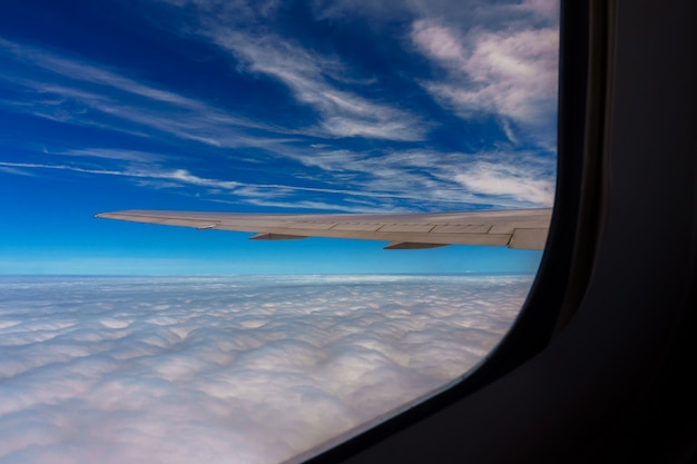 Luftaufnahme des blauen Himmels mit Wolken vom Fensterjetflug