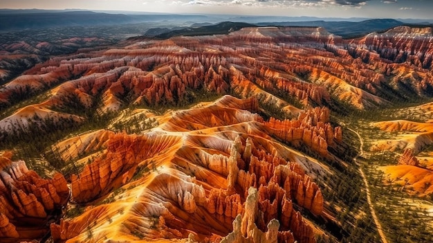 Luftaufnahme des farbenfrohen Canyons mit rosa-orange-violetten Farbschichten und filmischem Sonnenlicht ai gen