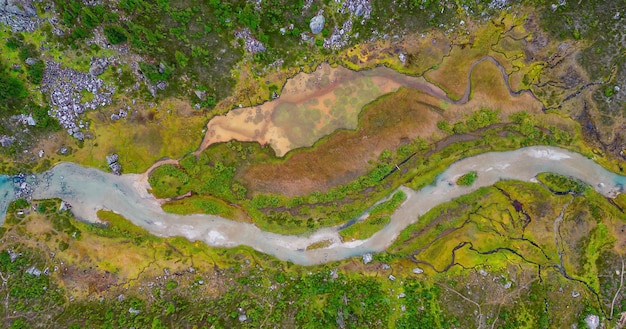 Luftaufnahme des Flusses in lebendigen grünen Wiesen in der kanadischen Berglandschaft British Columbia Kanada Naturhintergrund