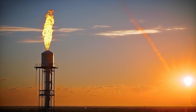 Luftaufnahme des Gasfackelstapels der Erdölraffinerien, Sonnenuntergang im Hintergrund, Fackelgrubenturm