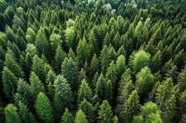 Luftaufnahme des grünen Sommerwaldes mit Fichten und Kiefern