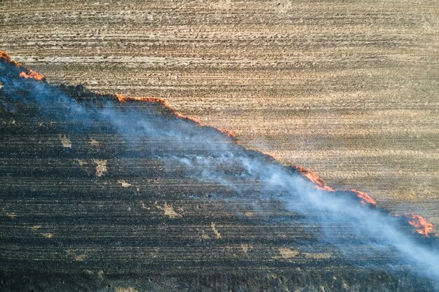 Luftaufnahme des Grünlandfeldes, das während der Trockenzeit mit rotem Feuer brennt Konzept für Naturkatastrophen und Klimawandel