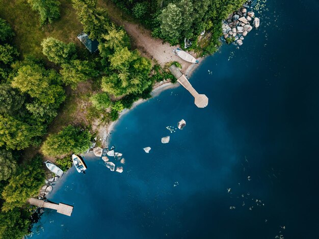 Luftaufnahme des Holzhauses im grünen Wald am blauen See im ländlichen Sommer Finnland