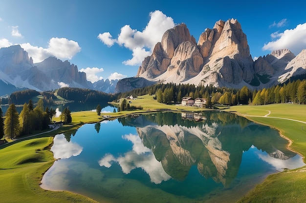 Luftaufnahme des Lago Antorno Dolomiten Berglandschaft des Sees mit dem Gipfel der Alpen Misurina Cortina diAmpezzo Italien Spiegelung der berühmten Tre Cime di Lavaredo