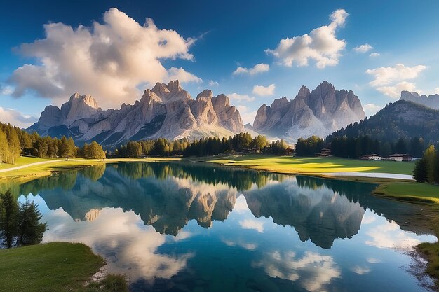 Luftaufnahme des Lago Antorno Dolomiten Berglandschaft des Sees mit dem Gipfel der Alpen Misurina Cortina diAmpezzo Italien Spiegelung der berühmten Tre Cime di Lavaredo