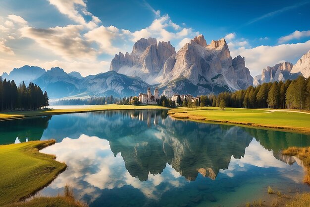 Luftaufnahme des Lago Antorno Dolomiten Berglandschaft des Sees mit dem Gipfel der Alpen Misurina Cortina diAmpezzo Italien Spiegelung der berühmten Tre Cime di Lavaredo