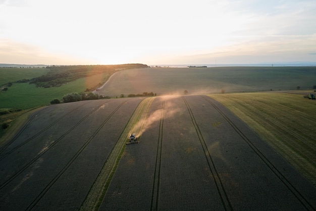 Luftaufnahme des Mähdreschers, der während der Erntesaison auf einem großen reifen Weizenfeld arbeitet Landwirtschaftskonzept