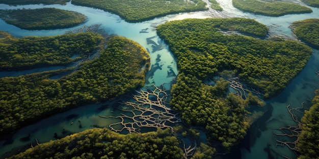 Foto luftaufnahme des mangrovenwaldes zeigt die kohlenstoffbindung