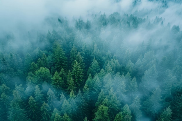 Luftaufnahme des nordischen Waldes im Nebel Naturlandschaft