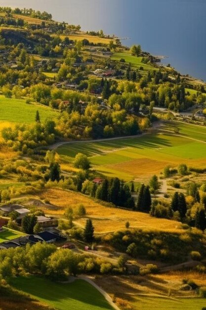 Foto luftaufnahme des okanagan-sees mit ackerland und gebirgslandschaft