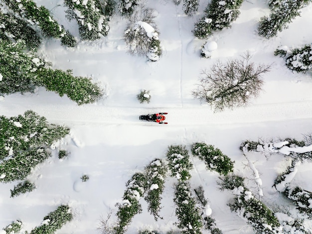Luftaufnahme des roten Motorschlittens im schneebedeckten Winterwald im ländlichen Finnland Lappland
