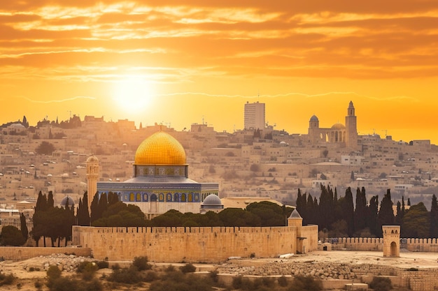 Luftaufnahme des Sonnenaufgangs hinter der Felskuppel und der Altstadt von Jerusalem Israel Palästina