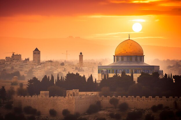 Luftaufnahme des Sonnenaufgangs hinter der Felskuppel und der Altstadt von Jerusalem Israel Palästina