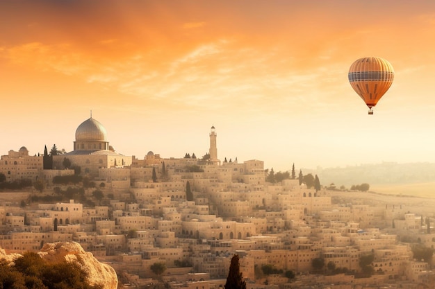 Luftaufnahme des Sonnenaufgangs hinter der Felskuppel und der Altstadt von Jerusalem Israel Palästina