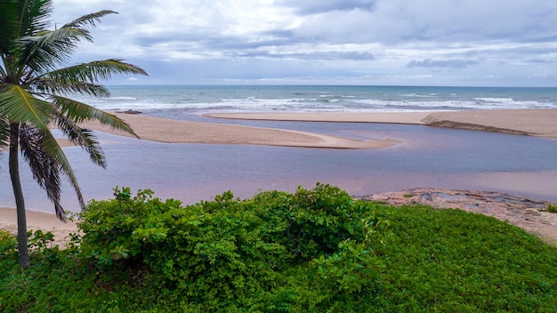 Luftaufnahme des Strandes von Imbassai, Bahia, Brasilien. Schöner Strand im Nordosten mit einem Fluss