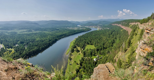 Luftaufnahme des Tieflandes des Waldflusses einen Sommer während eines Fluges.