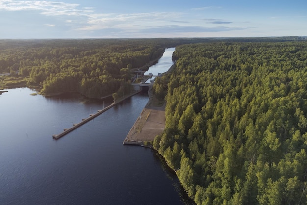 Luftaufnahme des Tores des Saimaa-Kanals bei Wyborg