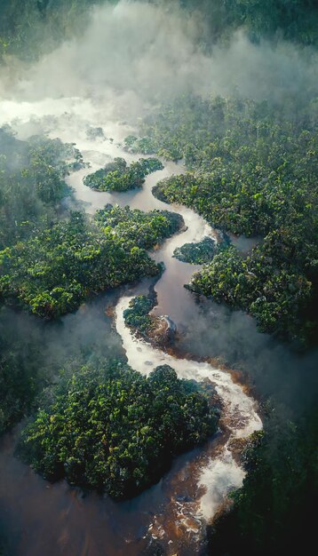 Luftaufnahme des tropischen Regenwaldes und des Flusses Klima- und Naturkonzeptlandschaft 3D-Darstellung