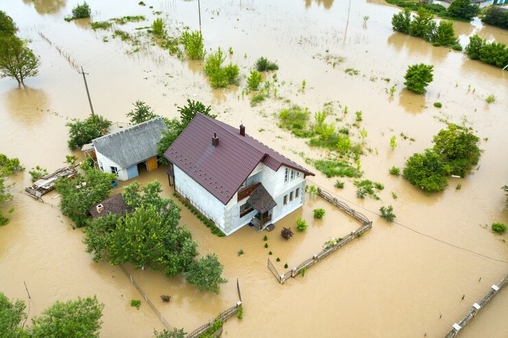 Foto luftaufnahme des überfluteten hauses mit schmutzigem wasser ringsum
