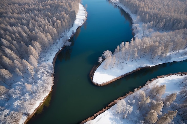 Luftaufnahme des Waldflusses an einem Wintertag