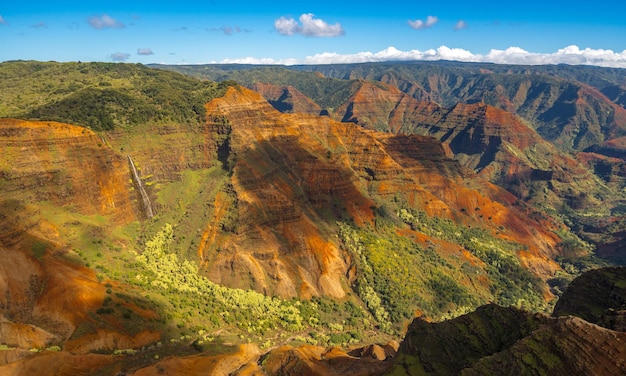 Luftaufnahme des Wasserfalls Waipo'o und der Landschaft des Waimea Canyon auf Kauai vom Helikopterflug aus