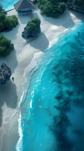 Luftaufnahme des wunderschönen Seeküstenparadieses, des türkisfarbenen Meeres und des beigefarbenen Sandstrandes, der idyllischen Meereslandschaft