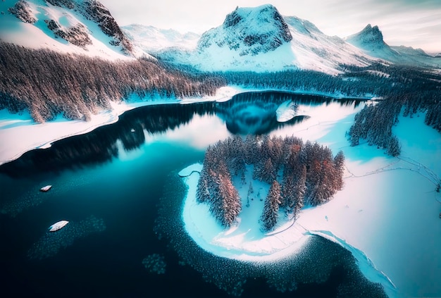 Luftaufnahme des wunderschönen verschneiten Bergsees mit Wald Winterlandschaft Generative KI