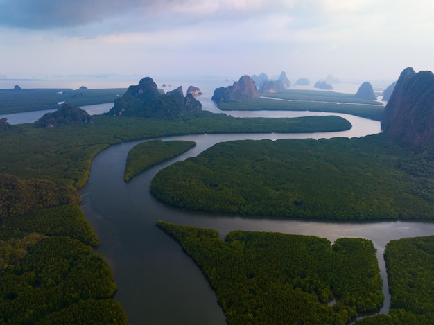 Luftaufnahme Drohnenaufnahme der Mangrovenwald-Landschaftsansicht in Phangnga Thailand Wunderschöner Sonnenaufgang oder Sonnenuntergang über dem Meer Erstaunliche Landschafts-Naturansicht