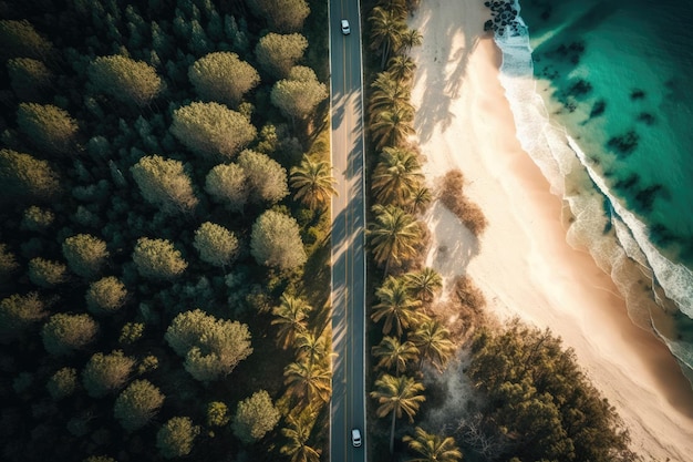 Luftaufnahme einer Autobahn mit einem roten Auto, das entlang der Küste fährt, vorbei an einem breiten Strand, grünen Wäldern und dem glitzernden Ozean unter einem sonnigen Himmel Generative KI