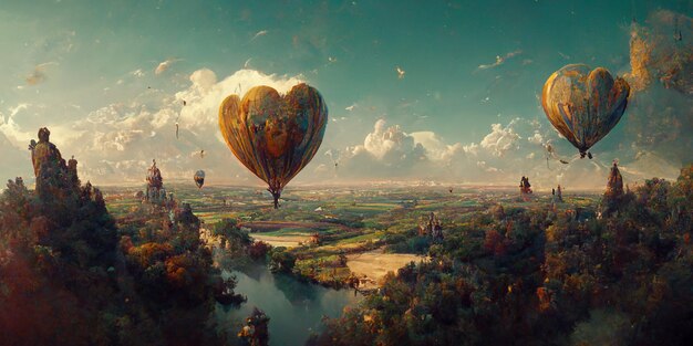 Luftaufnahme einer europäischen Landschaft aus einem Heißluftballon mit einem Liebespaar, 3D-Rendering