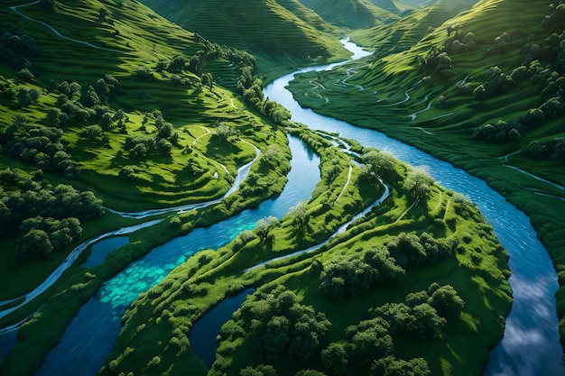 Luftaufnahme einer friedlichen grünen Wiese und eines sich schlängelnden Flusses auf dem Land