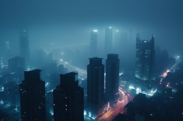 Luftaufnahme einer futuristischen Stadt bei nebliger Nacht mit fortschrittlichem Wolkenkratzergebäude