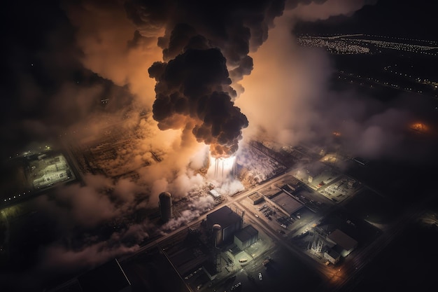 Luftaufnahme einer großen Explosion und eines Feuers im Kraftwerk Generative AI