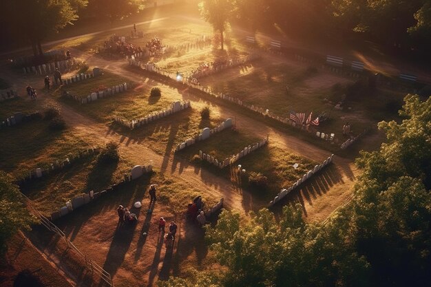 Luftaufnahme einer Gruppe von Menschen auf einem Friedhof bei Sonnenuntergang