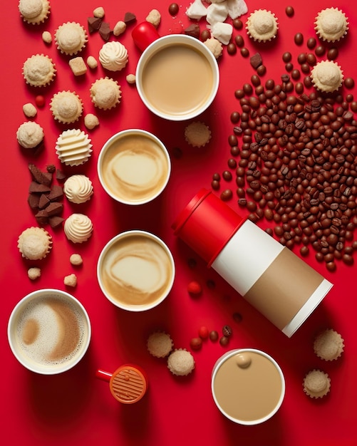 Luftaufnahme einer Kaffeetasse mit köstlichen Cupcakes und Kaffeebohnen auf rotem Hintergrund, ai generiert