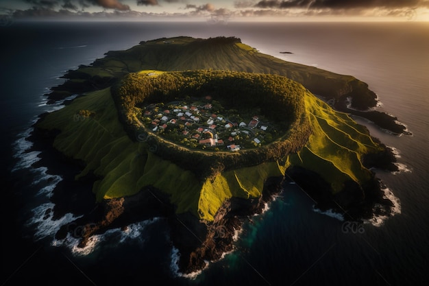 Luftaufnahme einer kleinen Insel mit einer grünen Insel und einem kleinen Dorf auf der Spitze.