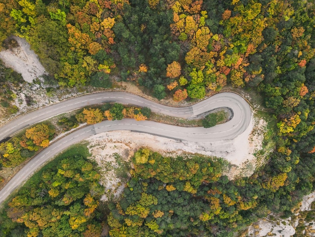 Luftaufnahme einer kurvenreichen Straße von einem hohen Gebirgspass durch einen dichten bunten Herbstwald